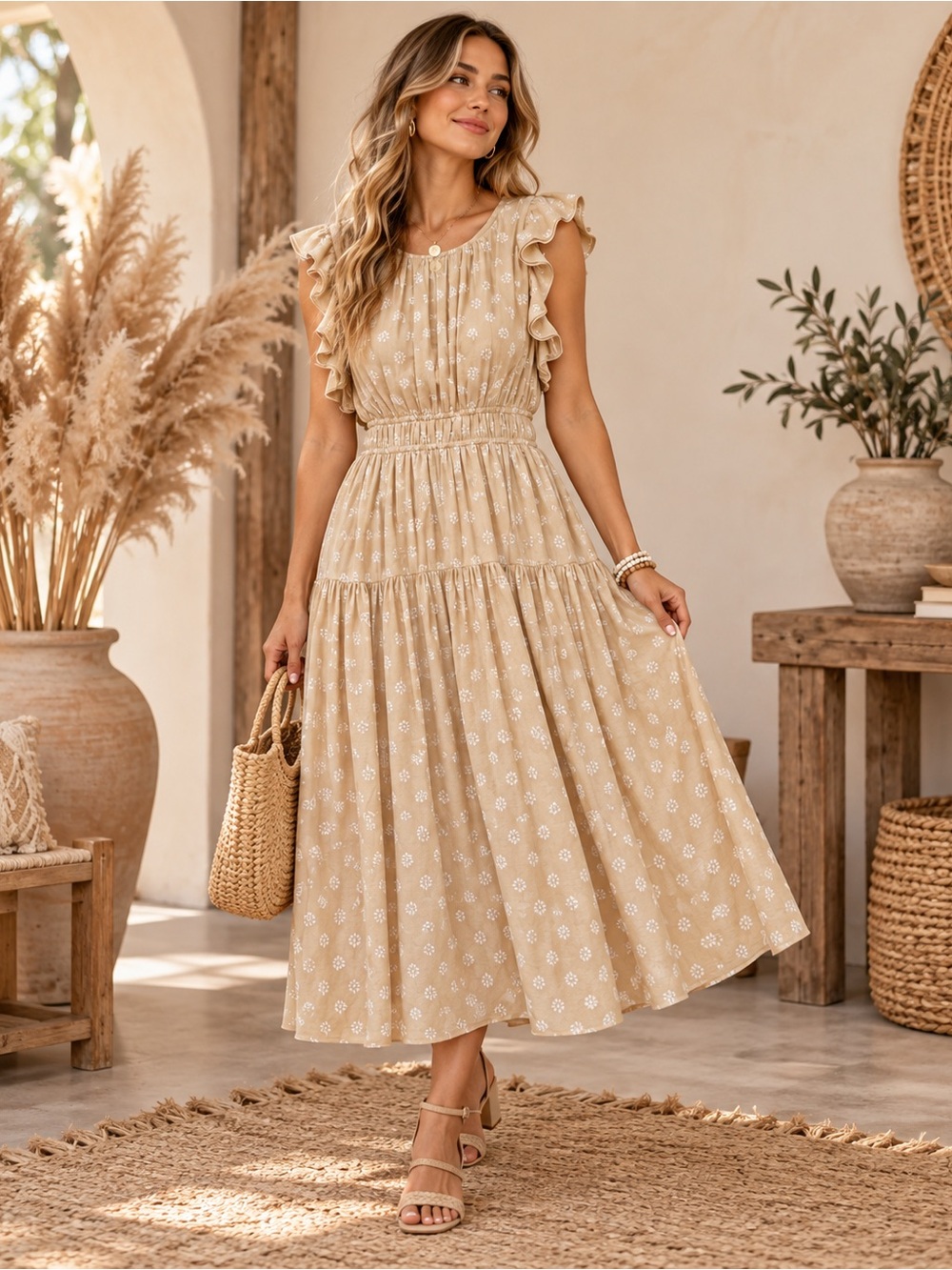 Ann Taylor Beige Boho Romantic Ruffle Midi Dress